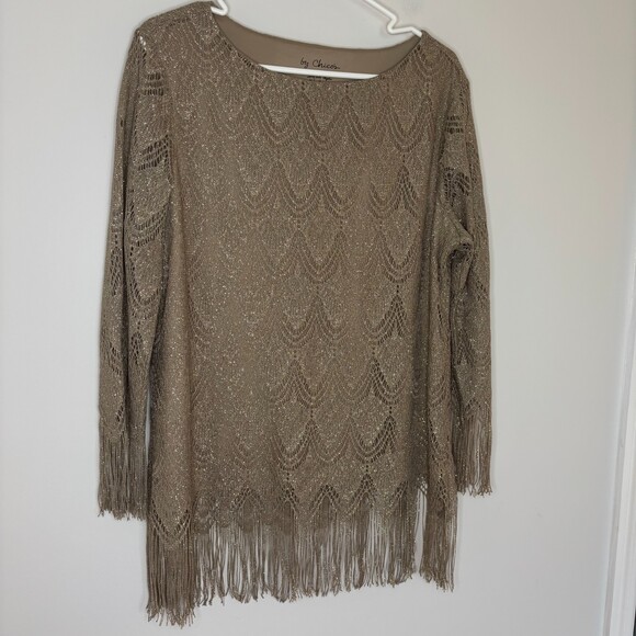 Chico's Tops - BY CHICO'S Gold Metallic Scallop Hem Fringe Top Womens L Long Sleeve Round Neck
